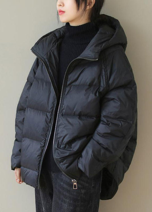  Italian Black Hooded Zip Up Fine Cotton Filled Parka Jacket Winter - Down Jackets - DYAVOR® 