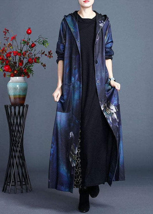  Italian Blue Hooded Print Fall Cardigan Long Sleeve - Trench coats - DYAVOR® 