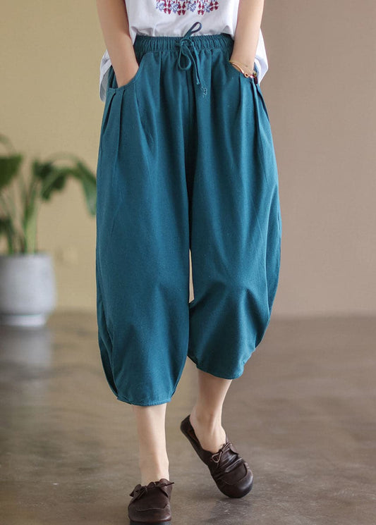  Italian Blue Solid Wrinkled Pockets Linen Crop Pants Summer - Crop Pants - DYAVOR® 