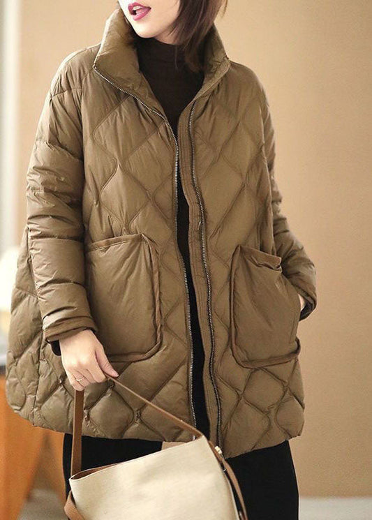  Italian Chocolate Stand Collar Zip Up Pockets Duck Down Puffers Jackets Winter - Down Jackets - DYAVOR® 