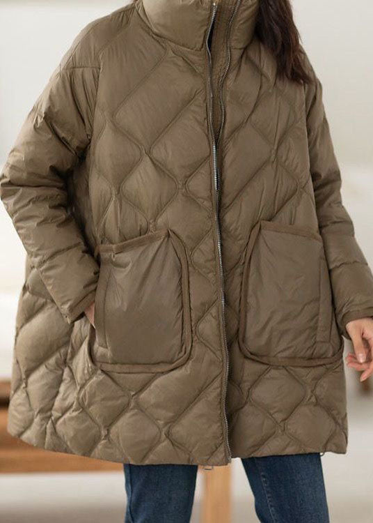  Italian Chocolate Stand Collar Zip Up Pockets Duck Down Puffers Jackets Winter - Down Jackets - DYAVOR® 