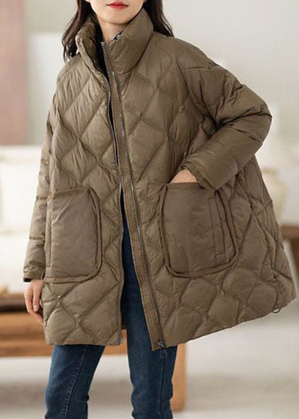  Italian Chocolate Stand Collar Zip Up Pockets Duck Down Puffers Jackets Winter - Down Jackets - DYAVOR® 