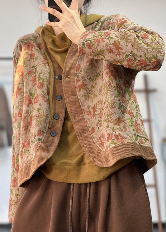  Italian Khaki V Neck Patchwork Print Fine Cotton Filled Witner Coat - Down Jackets - DYAVOR® 