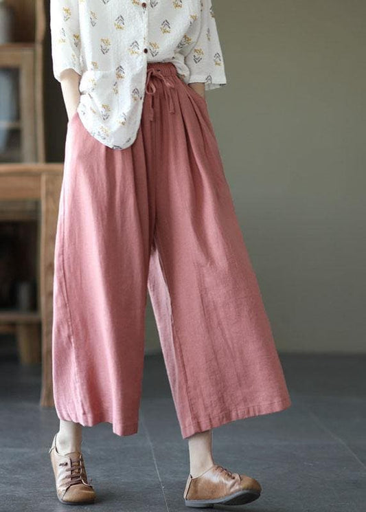  Italian Pink High Waist Tie Waist Fall Wide Leg Linen Pants - Pants - DYAVOR® 