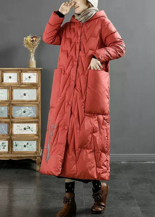  Italian Red Hooded Embroideried Solid Duck Down Down Coats Winter - Down Jackets - DYAVOR® 