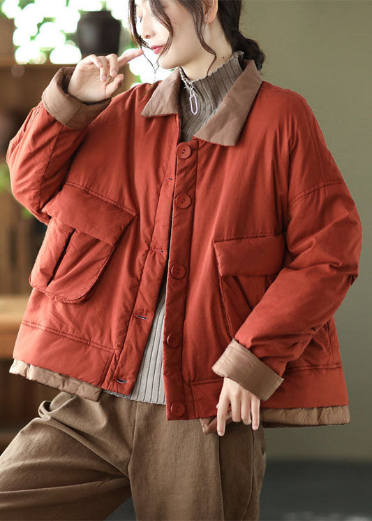  Italian Red Peter Pan Collar Pockets Patchwork Fine Cotton Filled Parka Jacket Winter - Down Jackets - DYAVOR® 
