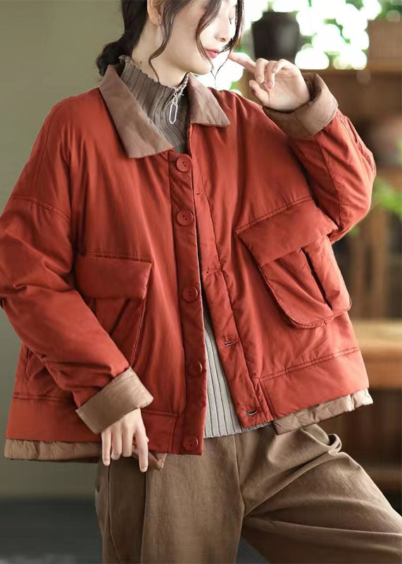  Italian Red Peter Pan Collar Pockets Patchwork Fine Cotton Filled Parka Jacket Winter - Down Jackets - DYAVOR® 