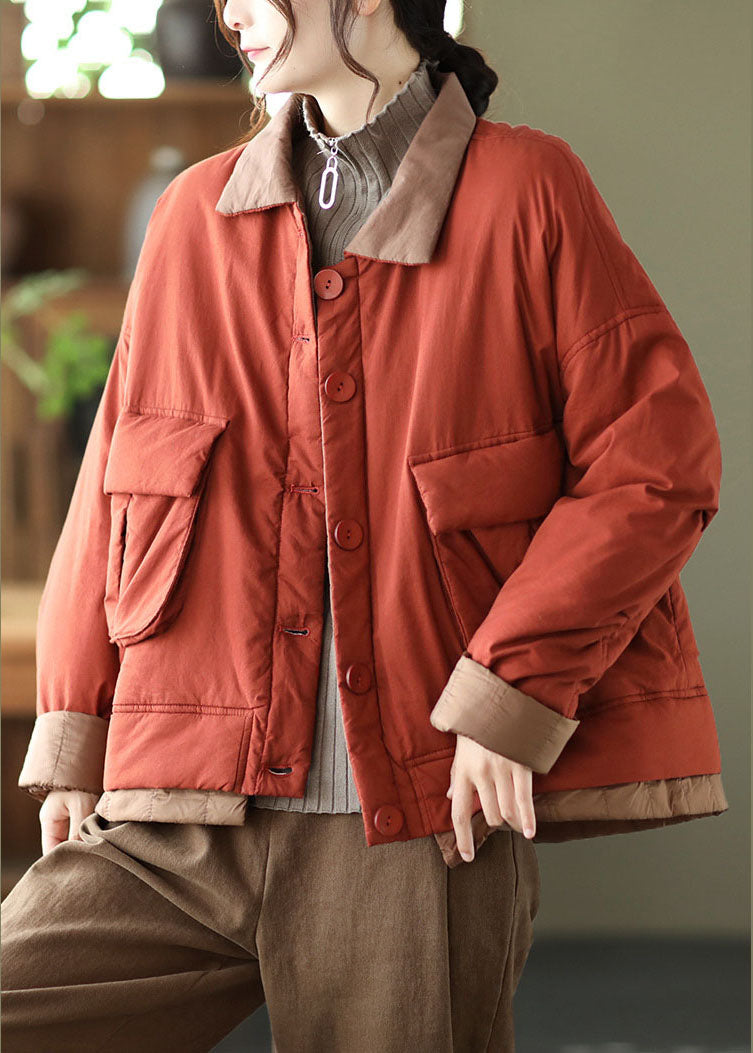  Italian Red Peter Pan Collar Pockets Patchwork Fine Cotton Filled Parka Jacket Winter - Down Jackets - DYAVOR® 