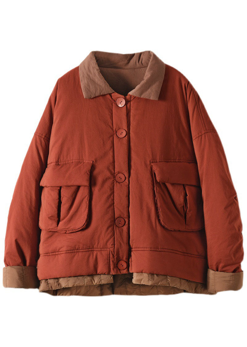  Italian Red Peter Pan Collar Pockets Patchwork Fine Cotton Filled Parka Jacket Winter - Down Jackets - DYAVOR® 
