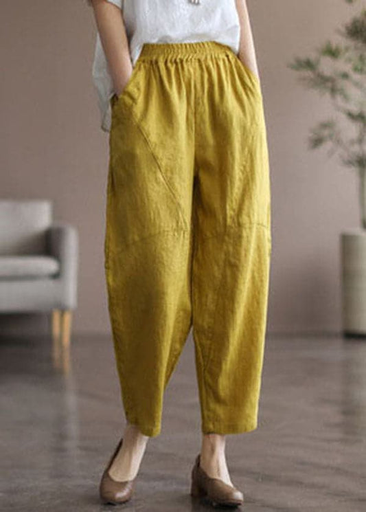  Italian Yellow Elastic Waist Pockets Linen Pants Summer - Crop Pants - DYAVOR® 