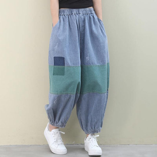  Italian women pants denim blue pattern elastic waist patchwork green trousers -  - DYAVOR® 