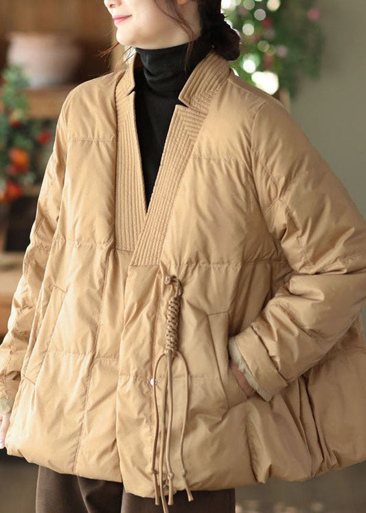  Khaki Duck Down Winter Coats V Neck Oriental Button Winter - Down Jackets - DYAVOR® 
