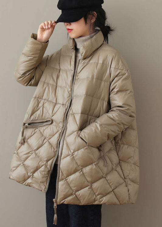  Khaki Fine Cotton Filled Parkaer Stand Collar Zip Up Solid Winter - Down Jackets - DYAVOR® 