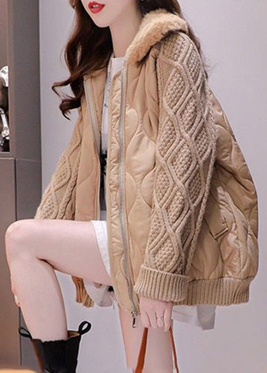  Khaki Fur Collar Zippered Knit Patchwork Parka Winter - Down Jackets - DYAVOR® 