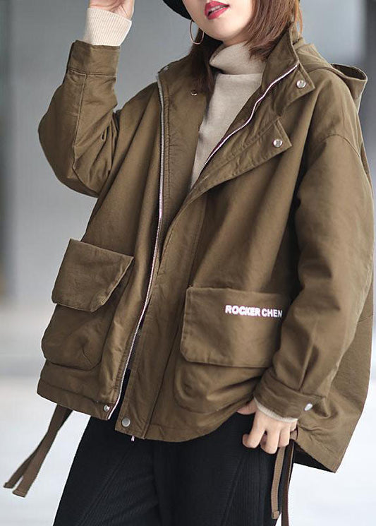  Khaki Hooded Zippered Winter Cotton Long sleeve Coat - Down Jackets - DYAVOR® 