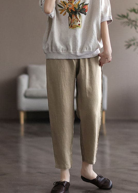  Khaki Pockets Linen Harem Pants High Waist Summer - Crop Pants - DYAVOR® 