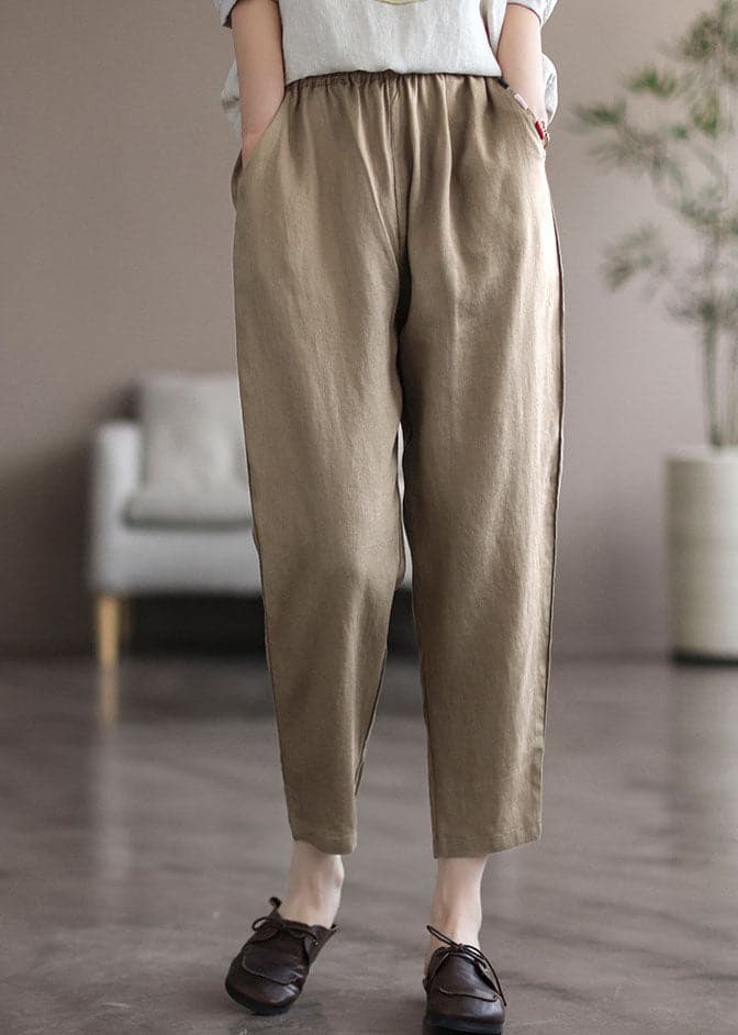  Khaki Pockets Linen Harem Pants High Waist Summer - Crop Pants - DYAVOR® 