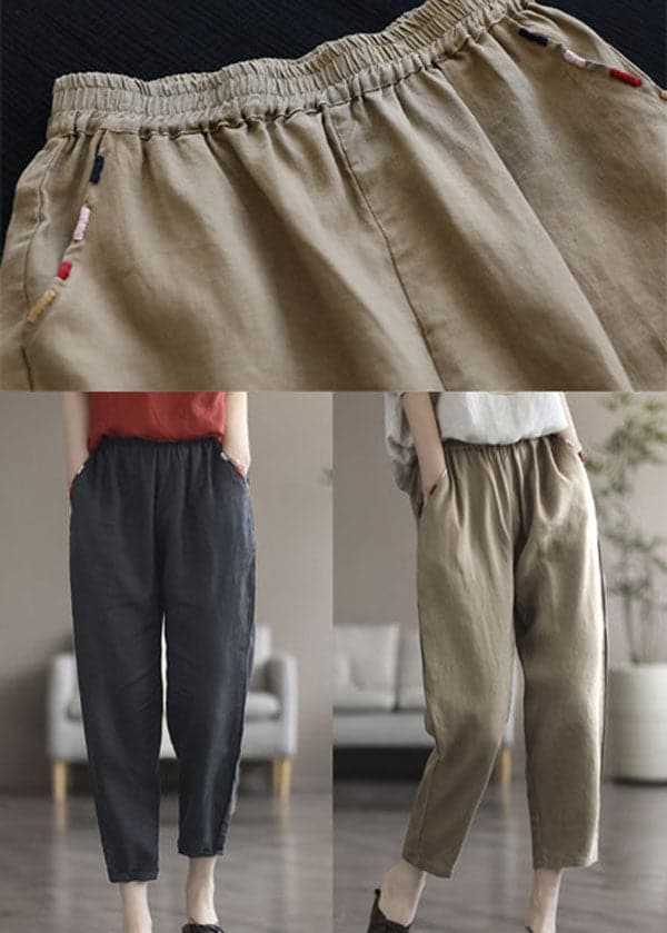  Khaki Pockets Linen Harem Pants High Waist Summer - Crop Pants - DYAVOR® 