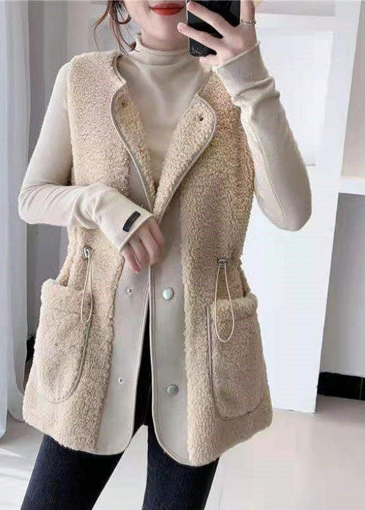  Loose Apricot drawstring Faux Fur Winter Vest - vests - DYAVOR® 