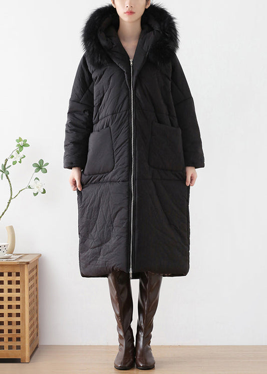  Loose Black Fur Collar Thick Hooded Maxi Parka Winter - Down Jackets - DYAVOR® 