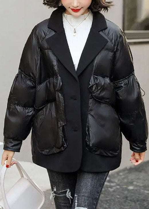  Loose Black Patchwork Pockets drawstring Winter Duck Down Coat - Down Jackets - DYAVOR® 