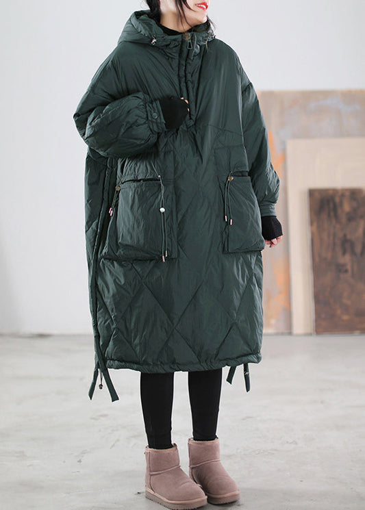  Loose Blackish Green Zippered Patchwork Maxi Hooded Duck Down Down Coats Winter - Down Jackets - DYAVOR® 