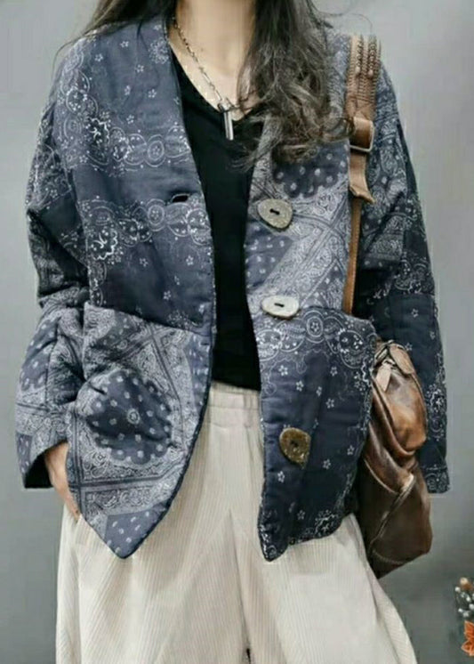  Loose Blue V Neck Print Button Cotton Filled Long Sleeve - Down Jackets - DYAVOR® 