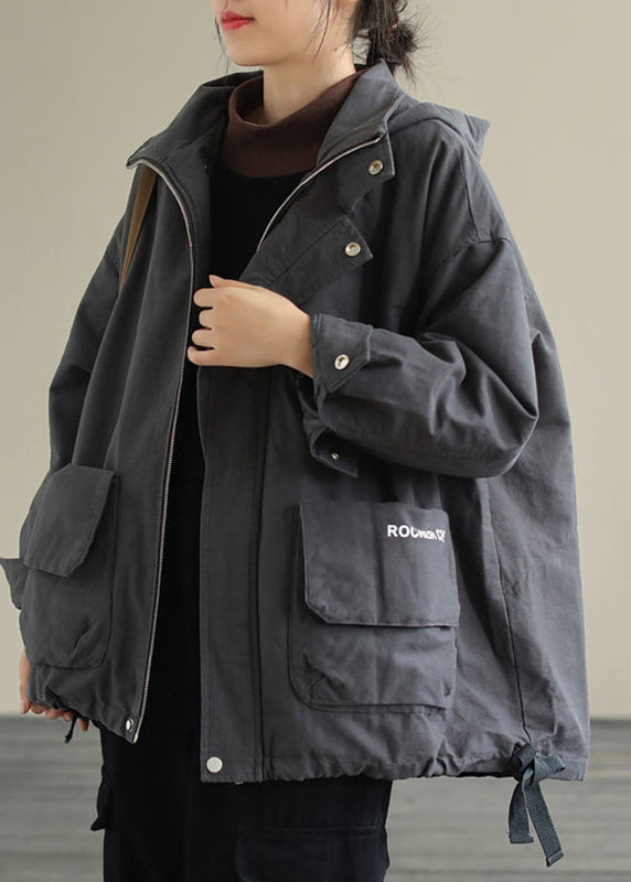  Loose Dark Grey Peter Pan Collar Pockets Cotton Hooded Cotton Coats Long Sleeve - Down Jackets - DYAVOR® 