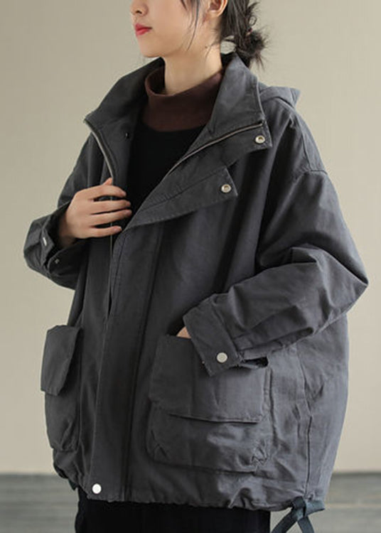  Loose Dark Grey Peter Pan Collar Pockets Cotton Hooded Cotton Coats Long Sleeve - Down Jackets - DYAVOR® 