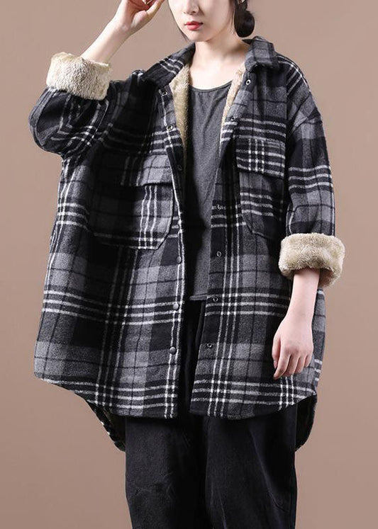  Loose Grey Pockets Plaid Thick Warm Fleece Shirt Coats Winter - Coats - DYAVOR® 
