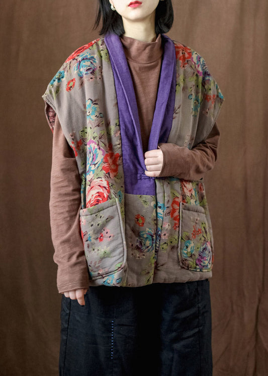  Loose Khaki V Neck Print Button Silk Cotton Parka Waistcoat Winter - Down Jackets - DYAVOR® 