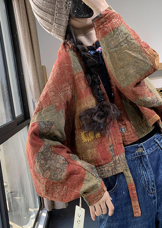  Loose Orange V Neck Print Linen Parka Batwing Sleeve - Down Jackets - DYAVOR® 