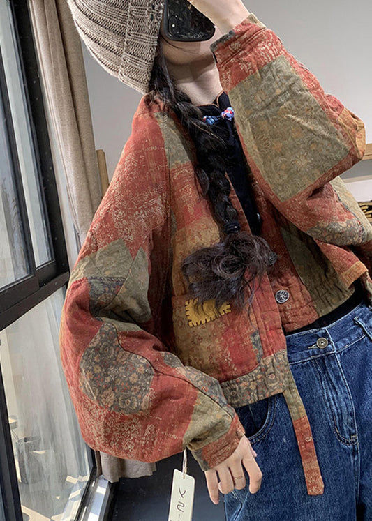  Loose Orange V Neck Print Linen Parka Batwing Sleeve - Down Jackets - DYAVOR® 