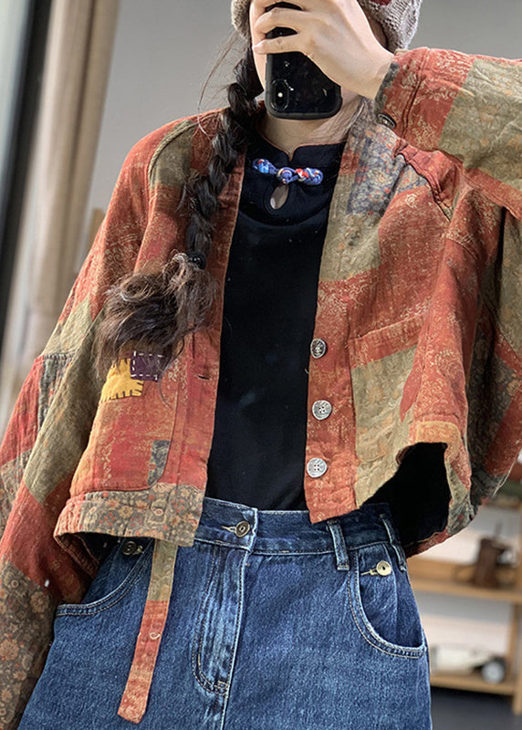  Loose Orange V Neck Print Linen Parka Batwing Sleeve - Down Jackets - DYAVOR® 