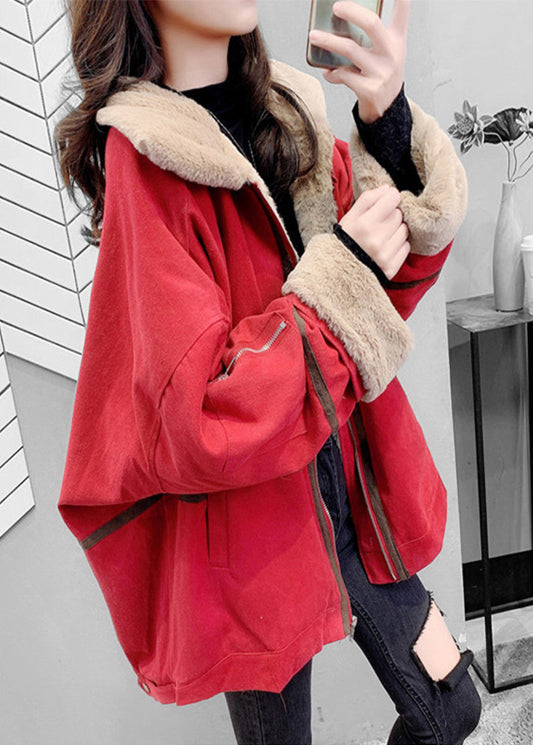  Loose Red Peter Pan Collar Zippered Warm Fleece Parka Winter - Down Jackets - DYAVOR® 