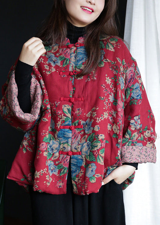  Loose Red Stand Collar Print Button Warm Fleece Cotton Parka Winter - Down Jackets - DYAVOR® 