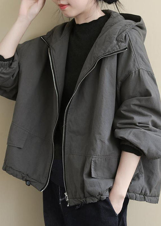  Luxury Grey hooded Loose drawstring Winter Cotton Coats Long sleeve - Down Jackets - DYAVOR® 