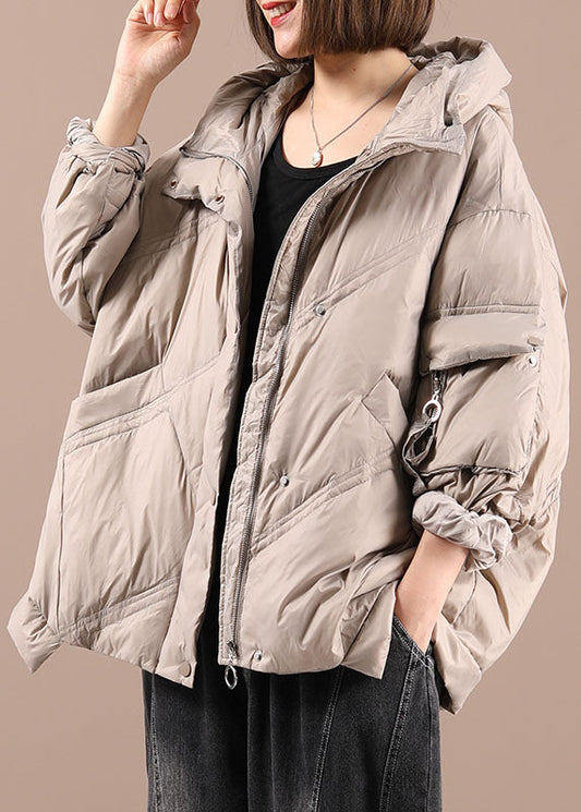  Luxury Khaki Loose Zippered Winter Duck Down Long sleeve Down Coat - Down Jackets - DYAVOR® 