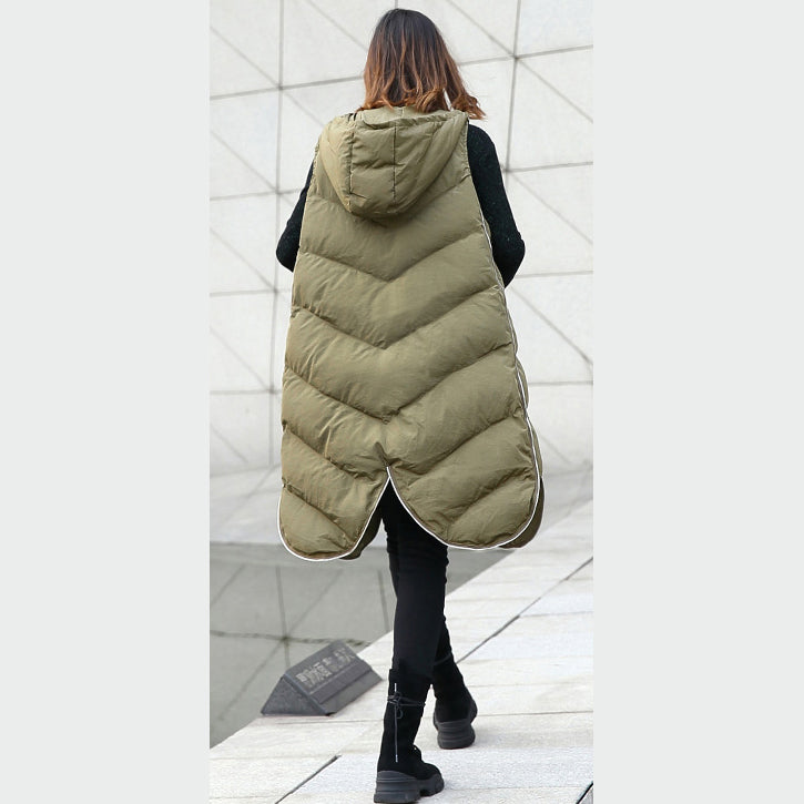  Luxury army green Parka casual hooded down over coat women Sleeveless trench coat -  - DYAVOR® 