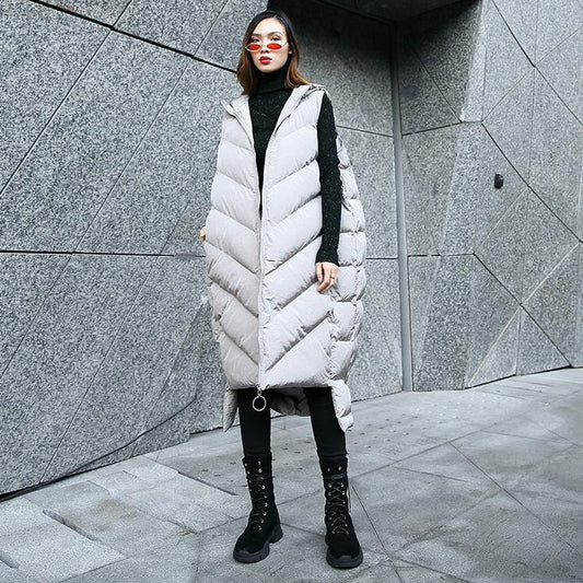  Luxury gray down jacket casual hooded zippered quilted coat women Sleeveless outwear -  - DYAVOR® 