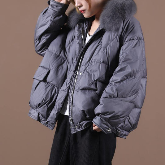  Luxury gray down jacket woman Loose fitting winter fur collar zippered hooded New Jackets -  - DYAVOR® 