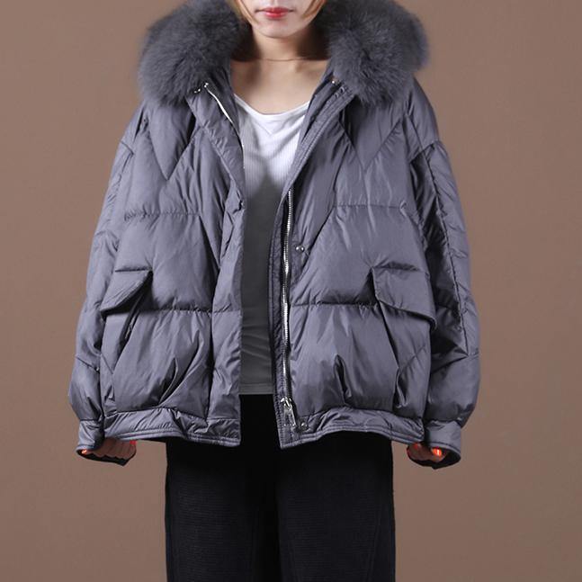  Luxury gray down jacket woman Loose fitting winter fur collar zippered hooded New Jackets -  - DYAVOR® 