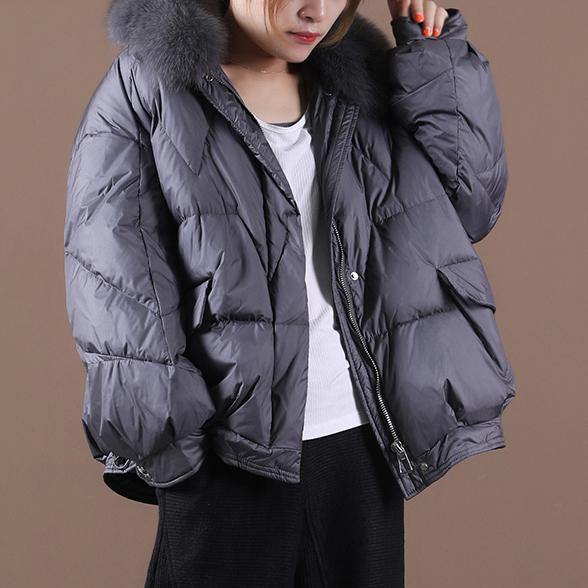  Luxury gray down jacket woman Loose fitting winter fur collar zippered hooded New Jackets -  - DYAVOR® 