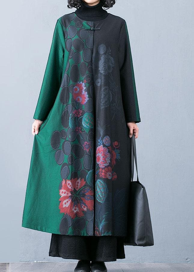 Luxury plus size maxi coat fall trench coats green prints o neck overcoat