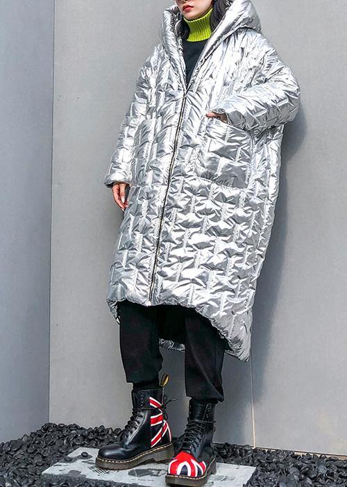  Luxury silver Parkas for women Loose fitting hooded zippered coats -  - DYAVOR® 