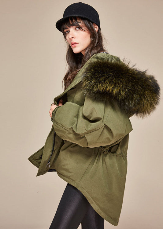  Modern Army Green Hooded Faux Fur Collar Duck Down Puffer Jacket Winter - Down Jackets - DYAVOR® 