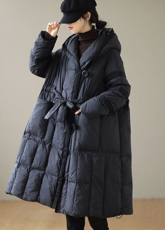  Modern Black Hooded Patchwork Tie Waist Duck Down Puffer Jacket Winter - Down Jackets - DYAVOR® 