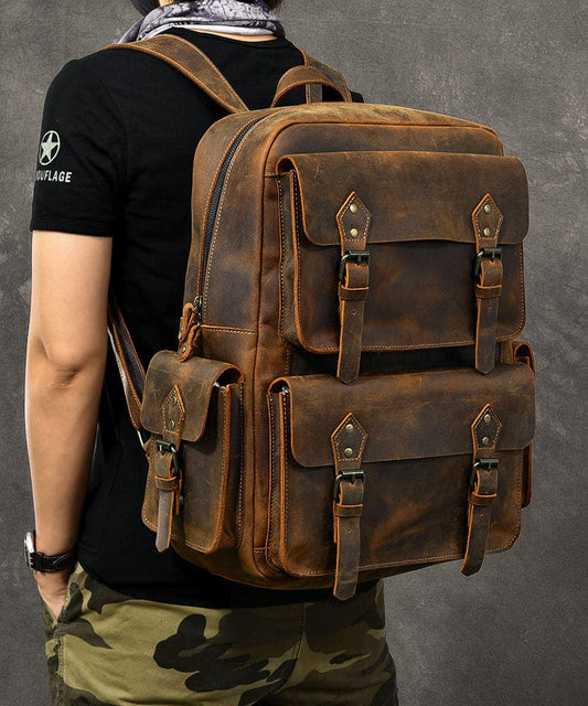  Modern Brown Calf Leather Pockets Solid Color Backpack Bag - Handbags - DYAVOR® 