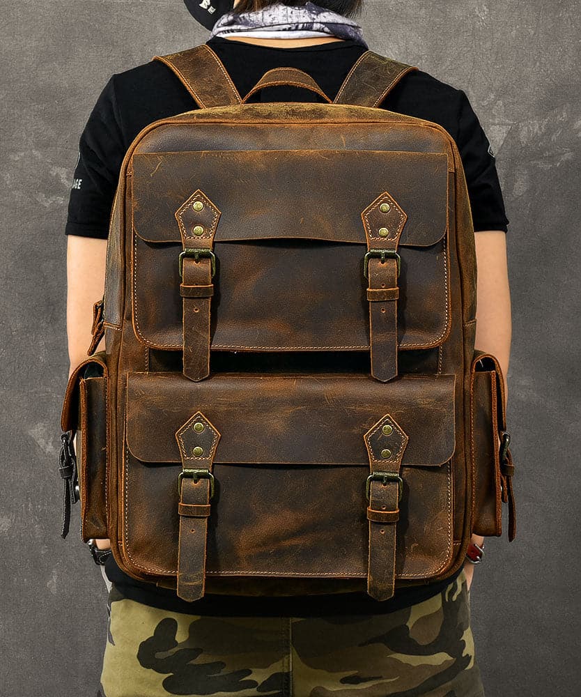  Modern Brown Calf Leather Pockets Solid Color Backpack Bag - Handbags - DYAVOR® 