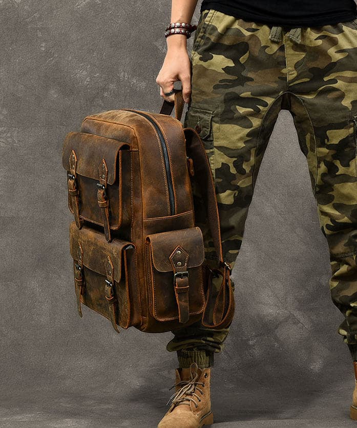  Modern Brown Calf Leather Pockets Solid Color Backpack Bag - Handbags - DYAVOR® 